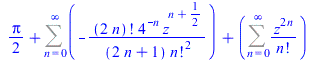 `+`(`*`(`/`(1, 2), `*`(Pi)), Sum(`+`(`-`(`/`(`*`(factorial(`+`(`*`(2, `*`(n)))), `*`(`^`(4, `+`(`-`(n))), `*`(`^`(z, `+`(n, `/`(1, 2)))))), `*`(`+`(`*`(2, `*`(n)), 1), `*`(`^`(factorial(n), 2)))))), n...