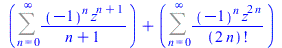 `+`(Sum(`/`(`*`(`^`(-1, n), `*`(`^`(z, `+`(n, 1)))), `*`(`+`(n, 1))), n = 0 .. infinity), Sum(`/`(`*`(`^`(-1, n), `*`(`^`(z, `+`(`*`(2, `*`(n)))))), `*`(factorial(`+`(`*`(2, `*`(n)))))), n = 0 .. infi...